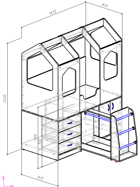 Каталог Нестандарт Кровать чердак Домик Сказка с выдвижной вешалкой ДС-14 от магазина ПолКомода.РУ