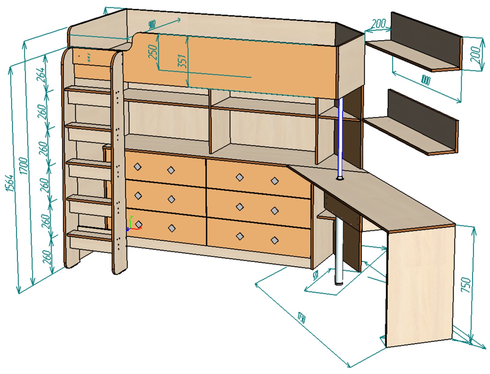 Каталог Нестандарт Кровать Чердак угловой со шкафом от магазина ПолКомода.РУ