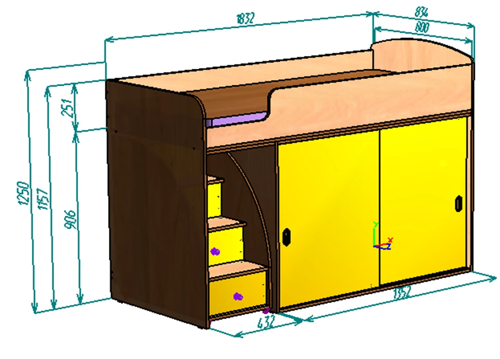 Каталог  Нестандарт Кровать чердак Малыш Купе 80*180 от магазина ПолКомода.РУ