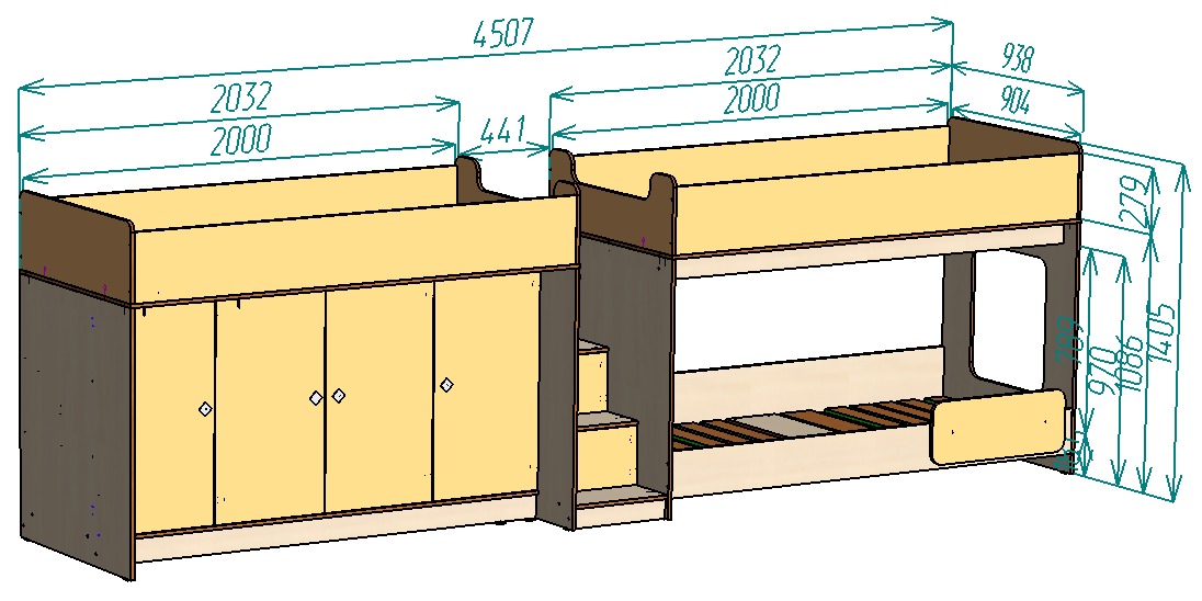Каталог Нестандарт Трехъярусная кровать Л-43.4.3 90х200 от магазина ПолКомода.РУ