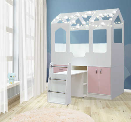 Каталог Кровать чердак Домик Сказка с выдвижным столом ДС-14 от магазина ПолКомода.РУ