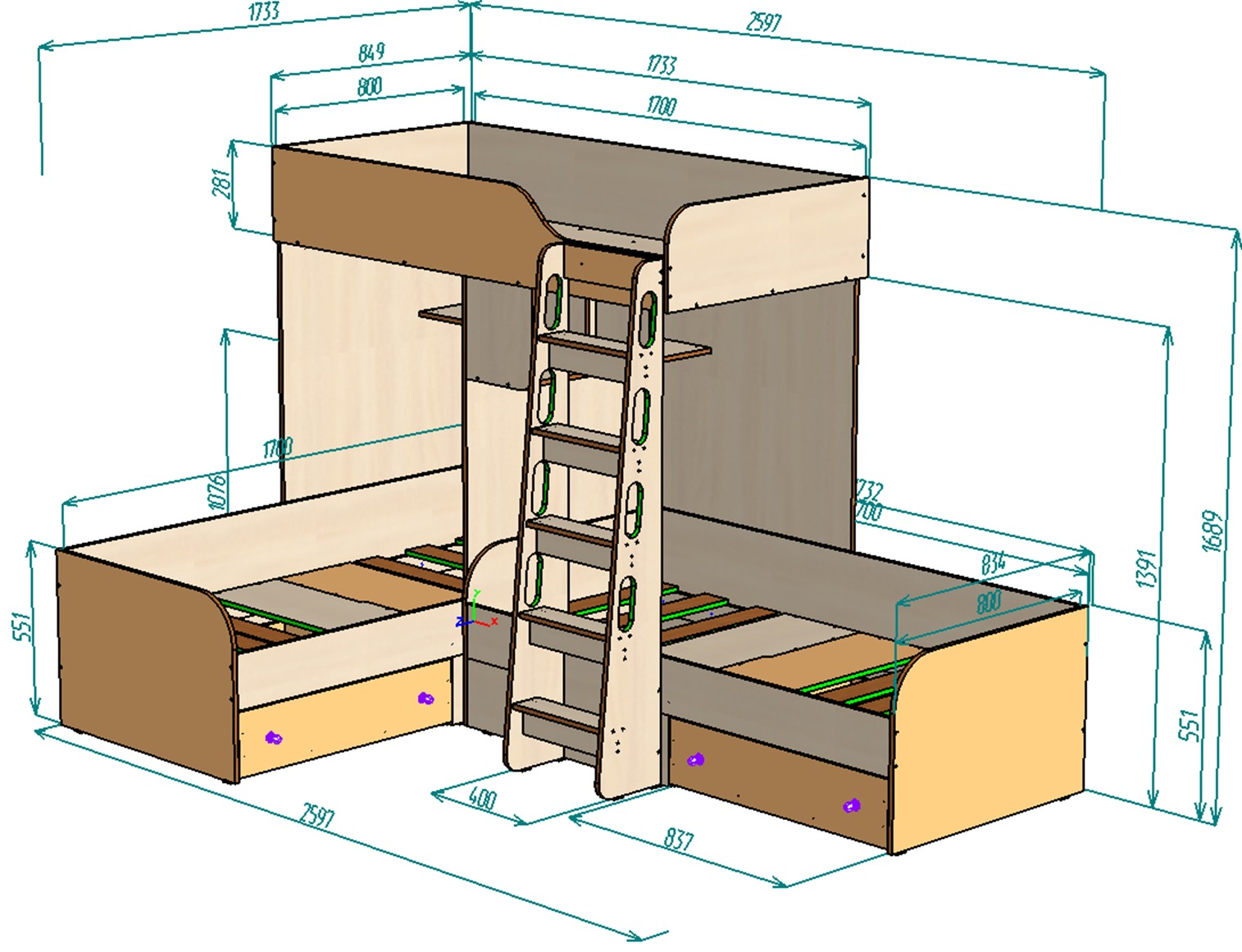 Каталог Нестандарт Кровать чердак Трио 80х170 от магазина ПолКомода.РУ
