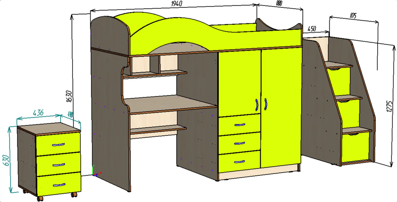 Каталог Кровать чердак КарИВи Лео с тумбой, с приставной лестницей от магазина ПолКомода.РУ