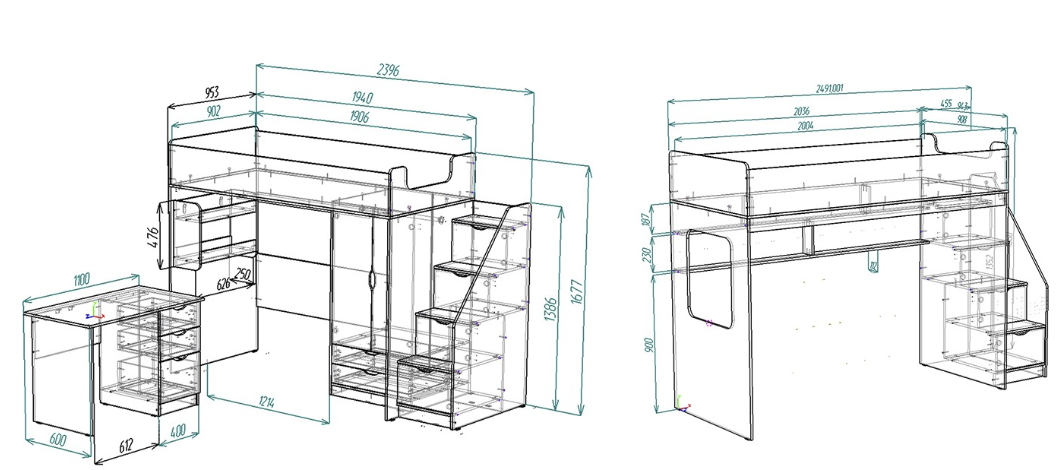 Каталог Нестандарт Кровать чердак Л-С602.3-A606.3 со столом от магазина ПолКомода.РУ