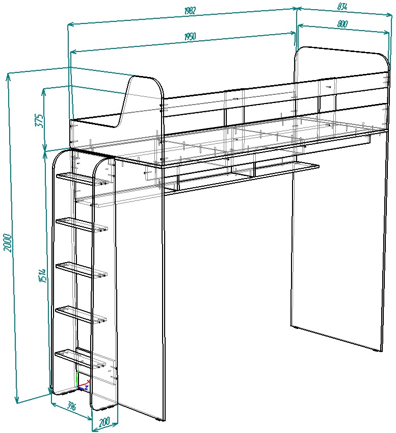 Каталог Нестандарт Кровать чердак Юта с навесной лестницей 80х195 от магазина ПолКомода.РУ
