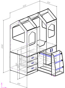 Нестандарт Кровать чердак Домик Сказка с выдвижной вешалкой ДС-14 - 32640