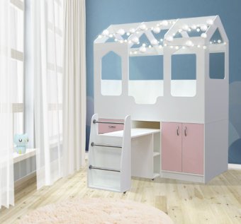 Кровать чердак Домик Сказка с выдвижным столом ДС-14 - 31331