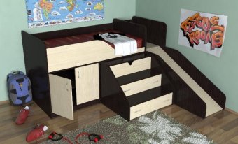 Кровать-чердак с рабочей зоной  "Кузя" с горкой - 29690